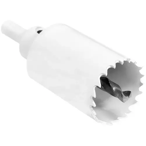 Hole Saw with Arbor Hanager, 1-1/8 in Dia, 1-7/8 in D Cutting, 4/6 TPI, HSS Cutting Edge White Hole Saw with Arbor Hanager, 1-1/8 in Dia, 1-7/8 in D Cutting, 4/6 TPI, HSS Cutting Edge White