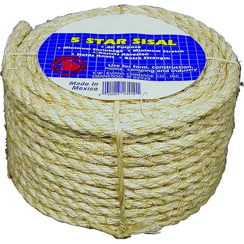 Rope, 1/4 in Dia, 50 ft L, 900 lb Working Load, Sisal