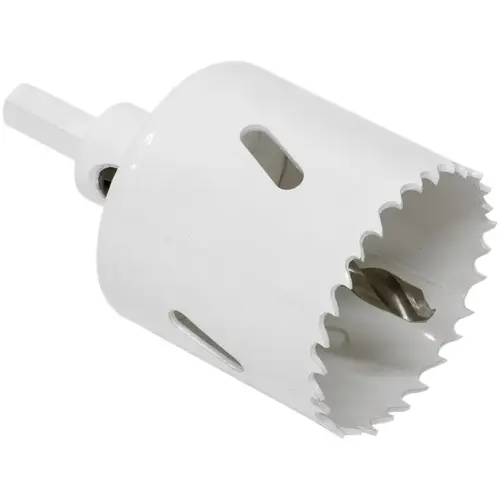 Hole Saw with Arbor Hanager, 2 in Dia, 1-7/8 in D Cutting, 4/6 TPI, HSS Cutting Edge White Hole Saw with Arbor Hanager, 2 in Dia, 1-7/8 in D Cutting, 4/6 TPI, HSS Cutting Edge White