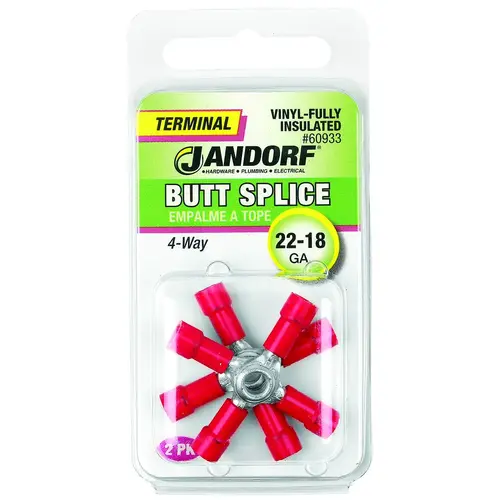 Butt Splice Connector, 22 to 18 AWG Wire, Vinyl Insulation, Copper Contact, Red - pack of 2 Butt Splice Connector, 22 to 18 AWG Wire, Vinyl Insulation, Copper Contact, Red - pack of 2