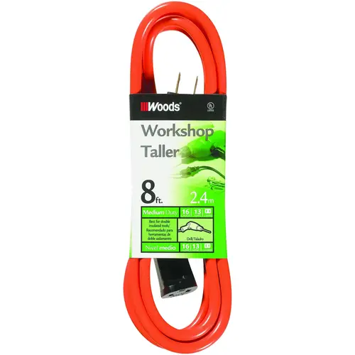 Extension Cord, 16 AWG Cable, 8 ft L, 13 A, 125 V, Orange Extension Cord, 16 AWG Cable, 8 ft L, 13 A, 125 V, Orange