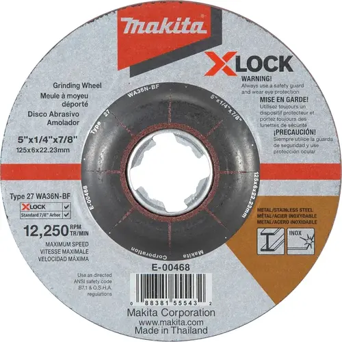 X-LOCK Grinding Wheel, 5 in Dia, 1/4 in Thick, 7/8 in Arbor, 36 Grit, Coarse Gray/White X-LOCK Grinding Wheel, 5 in Dia, 1/4 in Thick, 7/8 in Arbor, 36 Grit, Coarse Gray/White