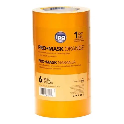 Masking Tape, 60 yd L, 1-1/2 in W, Crepe Paper Backing, Orange - pack of 6 Masking Tape, 60 yd L, 1-1/2 in W, Crepe Paper Backing, Orange - pack of 6