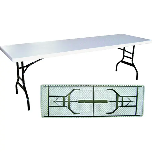 Banquet Table, 8 ft OAW, 30 in OAD, 29-1/4 in OAH, Steel Frame, Polyethylene Tabletop White Top/ Black Legs Banquet Table, 8 ft OAW, 30 in OAD, 29-1/4 in OAH, Steel Frame, Polyethylene Tabletop White Top/ Black Legs
