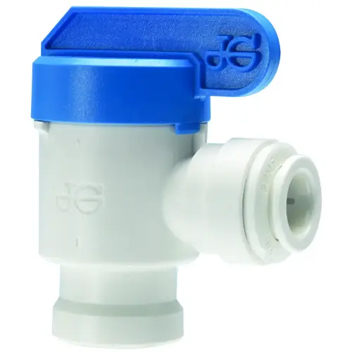 Elbow Shut-Off Valve, 3/8 x 1/4 in Connection, Tube x NPTF, 150 psi Pressure, Polypropylene Body White Elbow Shut-Off Valve, 3/8 x 1/4 in Connection, Tube x NPTF, 150 psi Pressure, Polypropylene Body White