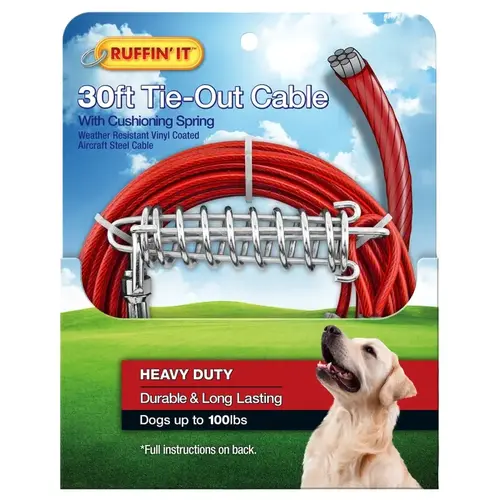 Ruffin'It 29230 Cable Tie-Out with Cushioning Spring, Heavy-Duty, Swivel Snap End, 30 ft, Steel, Red Ruffin'It 29230 Cable Tie-Out with Cushioning Spring, Heavy-Duty, Swivel Snap End, 30 ft, Steel, Red