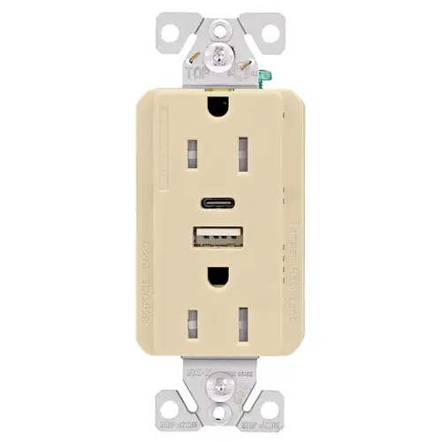 TRUSBAC15 TRUSBAC15V-K-L Receptacle, 2 -Pole, 5 A, 125 VAC, 2 -USB Port, Type A, C USB, Ivory TRUSBAC15 TRUSBAC15V-K-L Receptacle, 2 -Pole, 5 A, 125 VAC, 2 -USB Port, Type A, C USB, Ivory