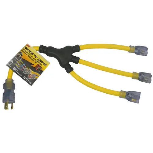 Generator W-Adapter with Indicator Light, 12/3 AWG Cable, 2 ft L, Yellow