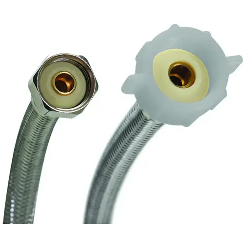 Toilet Connector, 1/2 in Inlet, FIP Inlet, 7/8 in Outlet, Ballcock Outlet, Stainless Steel Tubing Toilet Connector, 1/2 in Inlet, FIP Inlet, 7/8 in Outlet, Ballcock Outlet, Stainless Steel Tubing