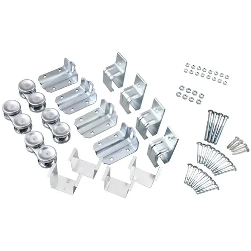 Box Rail Door Hanger Hardware Kit, 72 to 144 in L Track, Aluminum/Metal/Steel/Wood, Zinc Box Rail Door Hanger Hardware Kit, 72 to 144 in L Track, Aluminum/Metal/Steel/Wood, Zinc