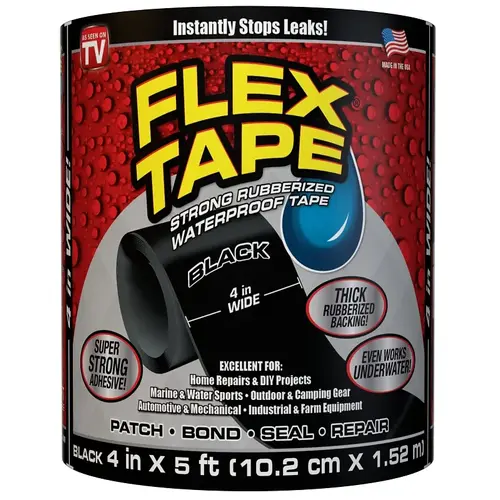 Waterproof Tape, 5 ft L, 4 in W, Rubber Backing, Black