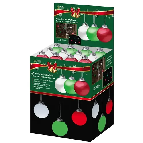 Pulsing Ornament Display, 6 in H, Round, LED Bulb, Plastic, Green/Red/White - pack of 54
