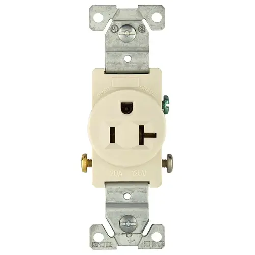 Single Receptacle, 2 -Pole, 125 VAC, 20 A, Side Wiring, NEMA: NEMA 5-20R, Light Almond Single Receptacle, 2 -Pole, 125 VAC, 20 A, Side Wiring, NEMA: NEMA 5-20R, Light Almond