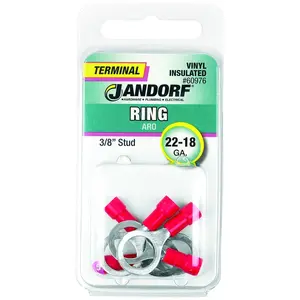 Jandorf 60976 Ring Terminal, 22 to 18 AWG Wire, 3/8 in Stud, Vinyl Insulation, Copper Contact, Red