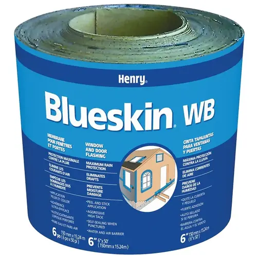 WB Window and Door Flashing, 50 ft L, 6 in W, Blue, Self-Adhesive