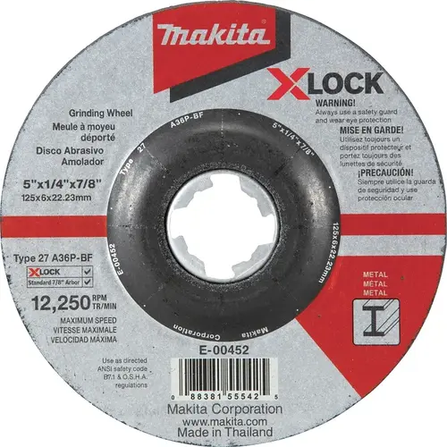 X-LOCK Grinding Wheel, 5 in Dia, 1/4 in Thick, 7/8 in Arbor, 36 Grit, Coarse Gray/White X-LOCK Grinding Wheel, 5 in Dia, 1/4 in Thick, 7/8 in Arbor, 36 Grit, Coarse Gray/White