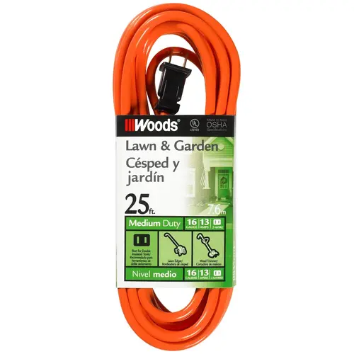 Extension Cord, 16 AWG Cable, 25 ft L, 13 A, 125 V, Orange