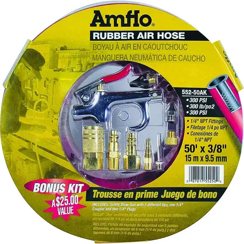 Air Hose Kit, 3/8 in OD, 50 ft L, MNPT, 300 psi Pressure, Rubber, Red