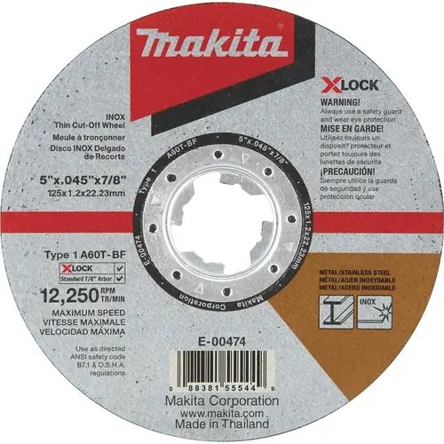 X-LOCK Cut-Off Wheel, 5 in Dia, 0.045 in Thick, 7/8 in Arbor, 60 Grit, Medium Coarse Gray/White