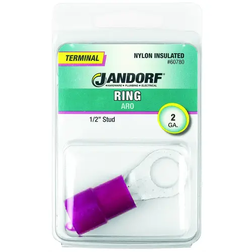 Ring Terminal, 2 AWG Wire, 1/2 in Stud, Nylon Insulation, Copper Contact, Red Ring Terminal, 2 AWG Wire, 1/2 in Stud, Nylon Insulation, Copper Contact, Red