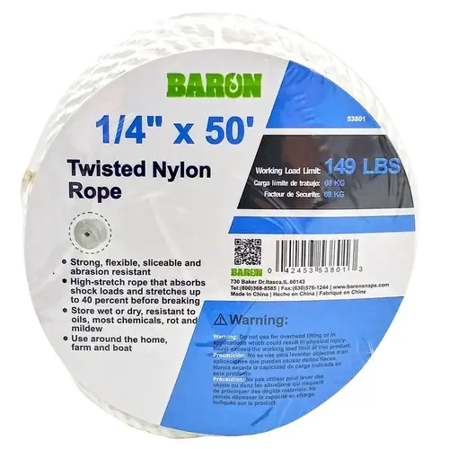 Rope, 1/4 in Dia, 50 ft L, 149 lb Working Load, Nylon, White Rope, 1/4 in Dia, 50 ft L, 149 lb Working Load, Nylon, White