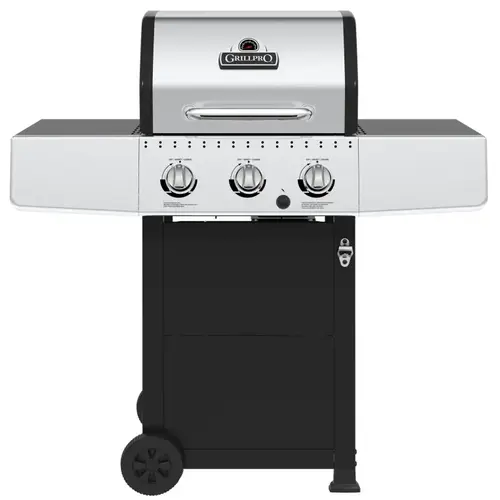 Gas Grill, 30,000 Btu, Liquid Propane, 3-Burner, 330 sq-in Primary Cooking Surface, Black