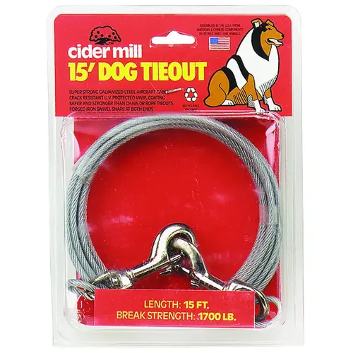 17015 Tie-Out Cable, Weatherproof, Swivel Snap End, 15 ft L Belt/Cable, Clear, For: Dogs Up to 100 lb