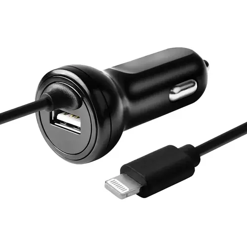 Lightning Fixed Car Charger, 12 to 24 VDC Input, 5 V Output, 3 ft L Cord, Black