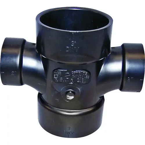 Reducing Double Sanitary Pipe Tee, 3 x 2 in, Hub, ABS, Black
