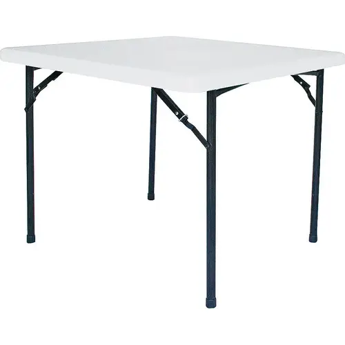 Folding Table, 36 in OAW, 36 in OAD, 29-1/4 in OAH, Steel Frame, Polyethylene Tabletop White Top/ Black Legs Folding Table, 36 in OAW, 36 in OAD, 29-1/4 in OAH, Steel Frame, Polyethylene Tabletop White Top/ Black Legs