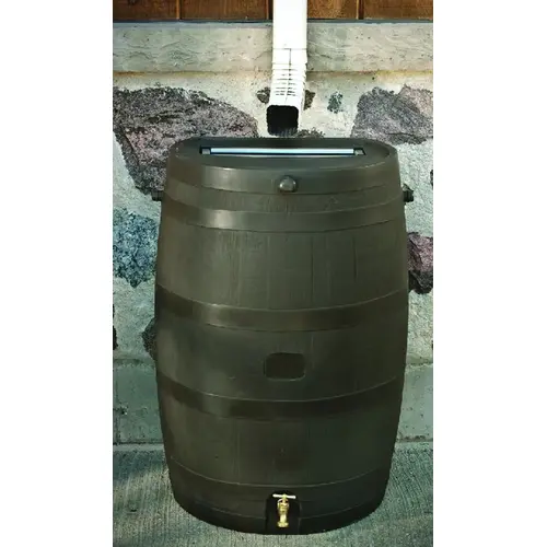 Rain Barrel, 50 gal Capacity, Plastic, Brown Rain Barrel, 50 gal Capacity, Plastic, Brown