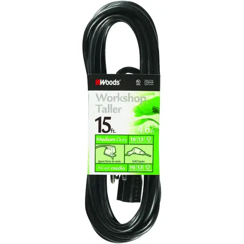 Woods Extension Cord, 16 AWG Cable, 15 ft L, 13 A, 125 V, Black Woods Extension Cord, 16 AWG Cable, 15 ft L, 13 A, 125 V, Black