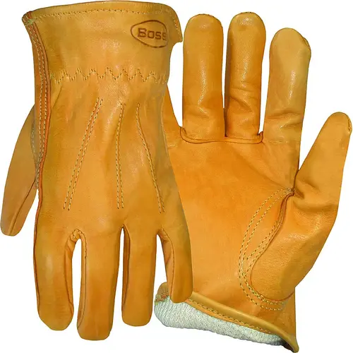 Driver Gloves, M, Keystone Thumb, Open, Shirred Elastic Back Cuff, Cowhide Leather, Gold Pair Driver Gloves, M, Keystone Thumb, Open, Shirred Elastic Back Cuff, Cowhide Leather, Gold Pair