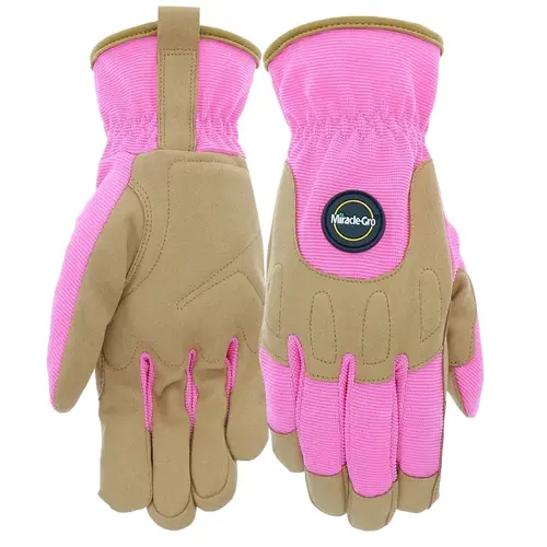 Miracle-Gro Gloves, Women's, M/L, 4 in L, Reinforced Thumb, Shirred Wrist Cuff, Synthetic Leather, Pink Pair Miracle-Gro Gloves, Women's, M/L, 4 in L, Reinforced Thumb, Shirred Wrist Cuff, Synthetic Leather, Pink Pair