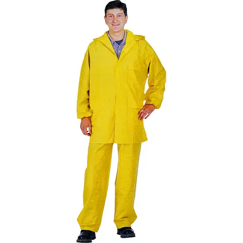Rain Suit, XL, 30-1/2 in Inseam, PVC, Yellow, Drawstring Collar, Zipper with Storm Flap Closure Rain Suit, XL, 30-1/2 in Inseam, PVC, Yellow, Drawstring Collar, Zipper with Storm Flap Closure