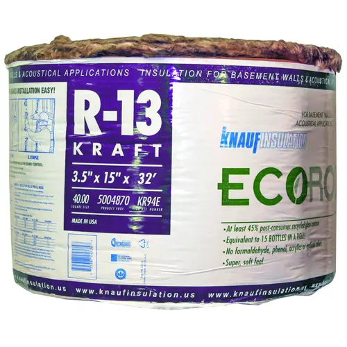 Kraft Faced Insulation, 32 ft L, 15 in W, R13 R-Value, Fiberglass
