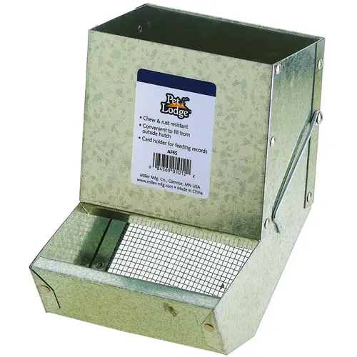 Small Animal Feeder with Sifter Bottom, Steel, Galvanized, Wire Hook Mounting Small Animal Feeder with Sifter Bottom, Steel, Galvanized, Wire Hook Mounting