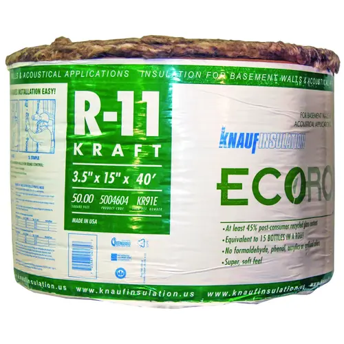 ECOROLL Insulation, 40 ft L, 15 in W, R11 R-Value, Fiberglass/Steel, Brown ECOROLL Insulation, 40 ft L, 15 in W, R11 R-Value, Fiberglass/Steel, Brown