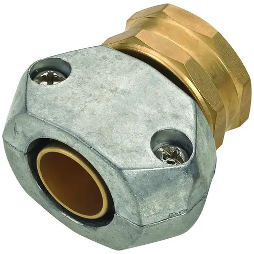 Hose Coupling, 5/8 to 3/4 in, Female, Brass and zinc, Brass and Silver