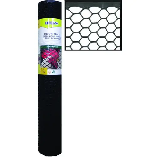 Poultry Fence, 25 ft L, 3 ft W, Hexagonal Mesh, 3/4 x 3/4 in Mesh, Plastic, Black