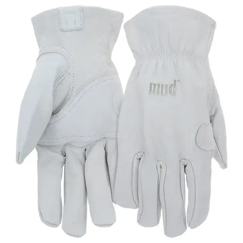 Mud Gloves, Women's, M/L, Keystone Thumb, Open, Shirred Elastic Wrist Cuff, Goatskin Leather, White Pair