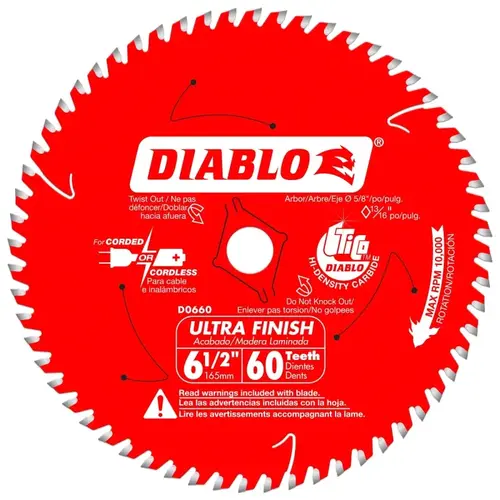 Circular Saw Blade, 6-1/2 in Dia, 60-Teeth, Applicable Materials: Wood Circular Saw Blade, 6-1/2 in Dia, 60-Teeth, Applicable Materials: Wood