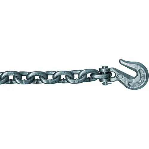 Transport Chain Assembly with Clevis Hook, 3/8 in, 20 ft L, 5400 lb Working Load, 43 Grade Silver Chrome Transport Chain Assembly with Clevis Hook, 3/8 in, 20 ft L, 5400 lb Working Load, 43 Grade Silver Chrome