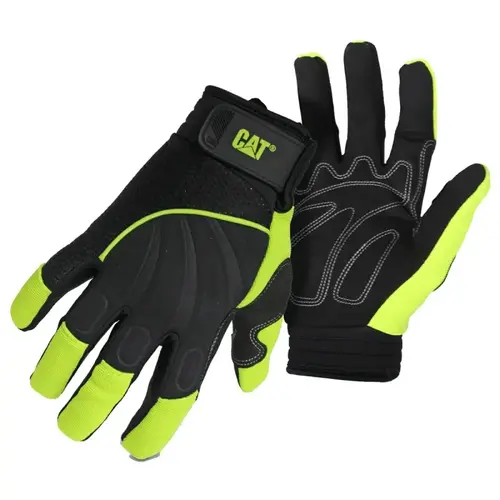 012224-M High-Visibility Mechanic Gloves, Men's, M, Adjustable Wrist Cuff, Synthetic Leather, Green Pair