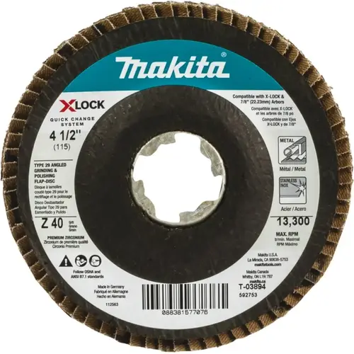X-LOCK Grinding and Polishing Flap Disc, 4-1/2 in Dia, 7/8 in Arbor, 40 Grit, Coarse Teal X-LOCK Grinding and Polishing Flap Disc, 4-1/2 in Dia, 7/8 in Arbor, 40 Grit, Coarse Teal