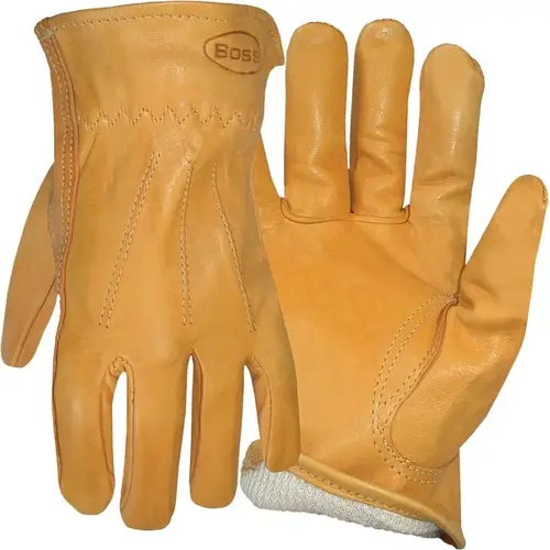 Driver Gloves, L, Keystone Thumb, Open, Shirred Elastic Back Cuff, Cowhide Leather, Gold Pair Driver Gloves, L, Keystone Thumb, Open, Shirred Elastic Back Cuff, Cowhide Leather, Gold Pair