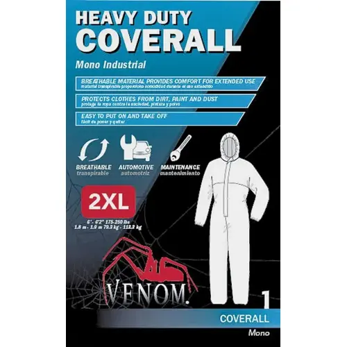 VENCV300XXL Coveralls with Hood, 2XL, Unisex, Zipper Closure, Fabric, White VENCV300XXL Coveralls with Hood, 2XL, Unisex, Zipper Closure, Fabric, White