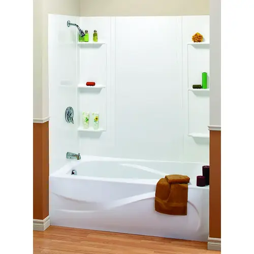 Bathtub Wall Kit, 31 in L, 48 to 60 in W, 59 in H, Polystyrene, Glue Up Installation, White Bathtub Wall Kit, 31 in L, 48 to 60 in W, 59 in H, Polystyrene, Glue Up Installation, White