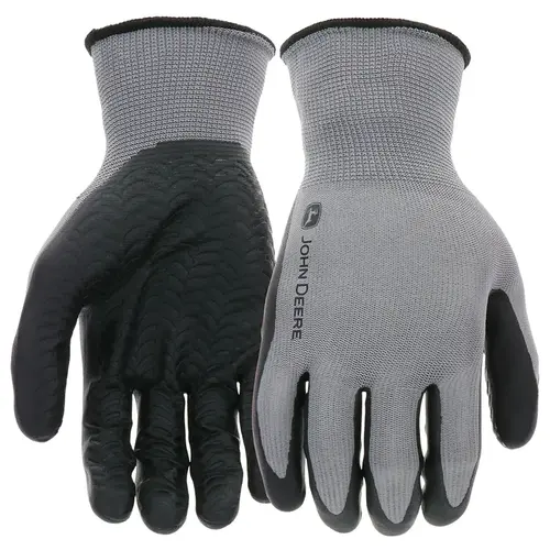 John Deere Gloves, Men's, L, 4-1/4 in L, Knit Wrist, Seamless Cuff, Nitrile Coating, Black/Gray Pair John Deere Gloves, Men's, L, 4-1/4 in L, Knit Wrist, Seamless Cuff, Nitrile Coating, Black/Gray Pair