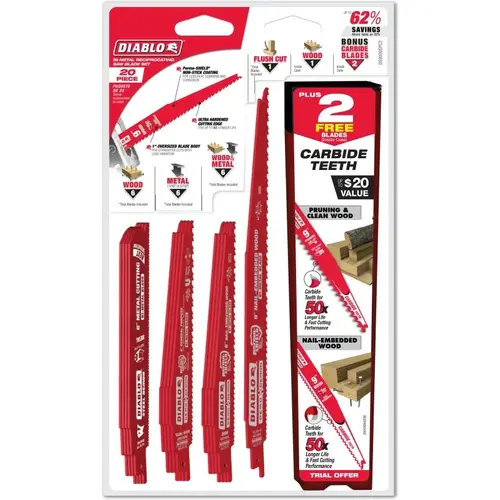 Reciprocating Saw Blade Set, 20-Piece, Bi-Metal, Red Reciprocating Saw Blade Set, 20-Piece, Bi-Metal, Red